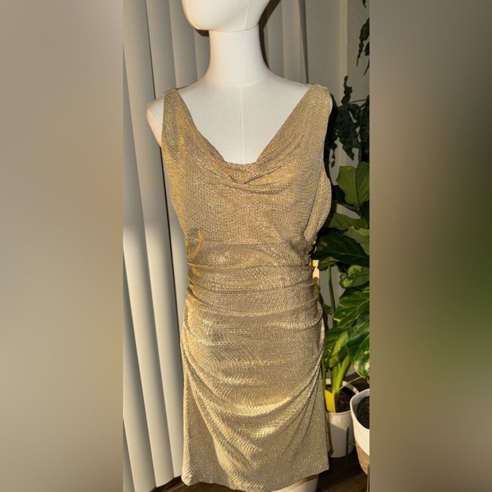 Lauren Ralph Lauren Gold Metallic Ruched Cowl Neck Sheath Dress Size 10